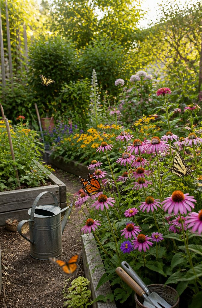 A photograph of a garden with various butterfly species in flight.