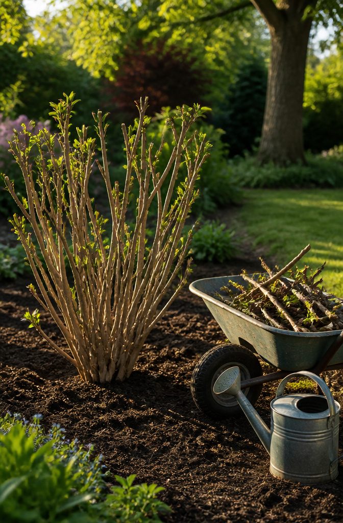 Pruning Time for Spring Blooming Shrubs: A Step-by-Step Guide 7 A freshly pruned lilac shrub with cut branches in a wheelbarrow.
