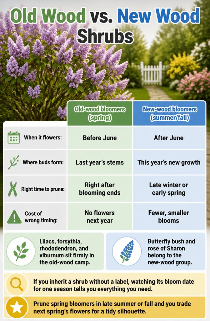 Pruning Time for Spring Blooming Shrubs: A Step-by-Step Guide 1 An informational image comparing old wood and new wood shrubs.