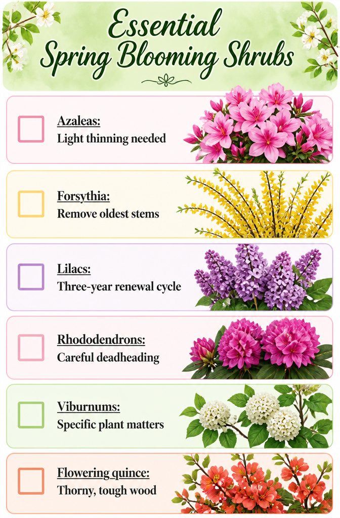 An informational image listing various spring blooming shrubs.