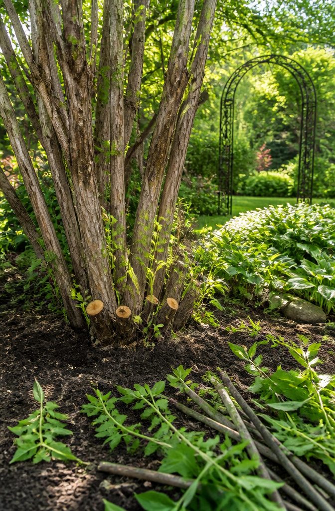 Pruning Time for Spring Blooming Shrubs: A Step-by-Step Guide 4 A mature lilac shrub with thick stems and freshly cut stubs.