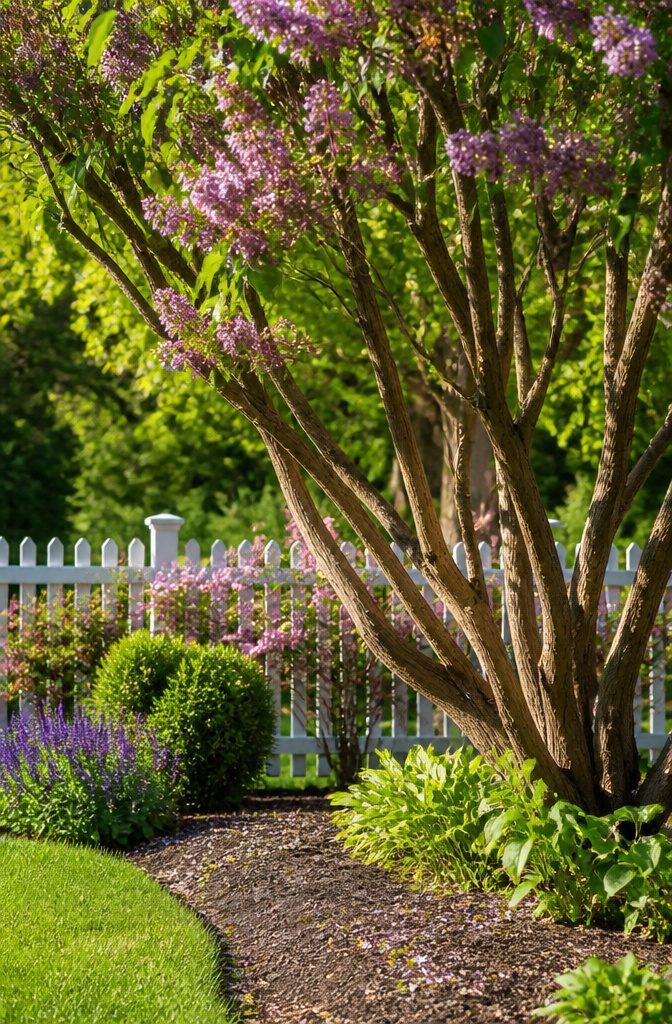 Pruning Time for Spring Blooming Shrubs: A Step-by-Step Guide 2 A lilac shrub with clusters of faded purple flowers and green leaves.