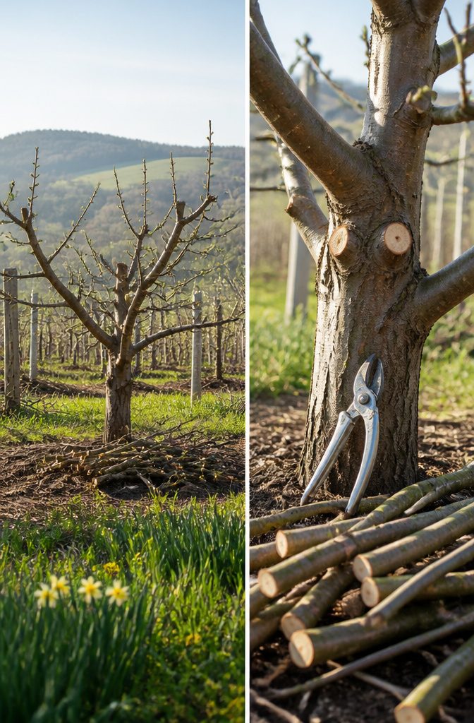 Person pruning branches of a dormant apple tree in winter.
