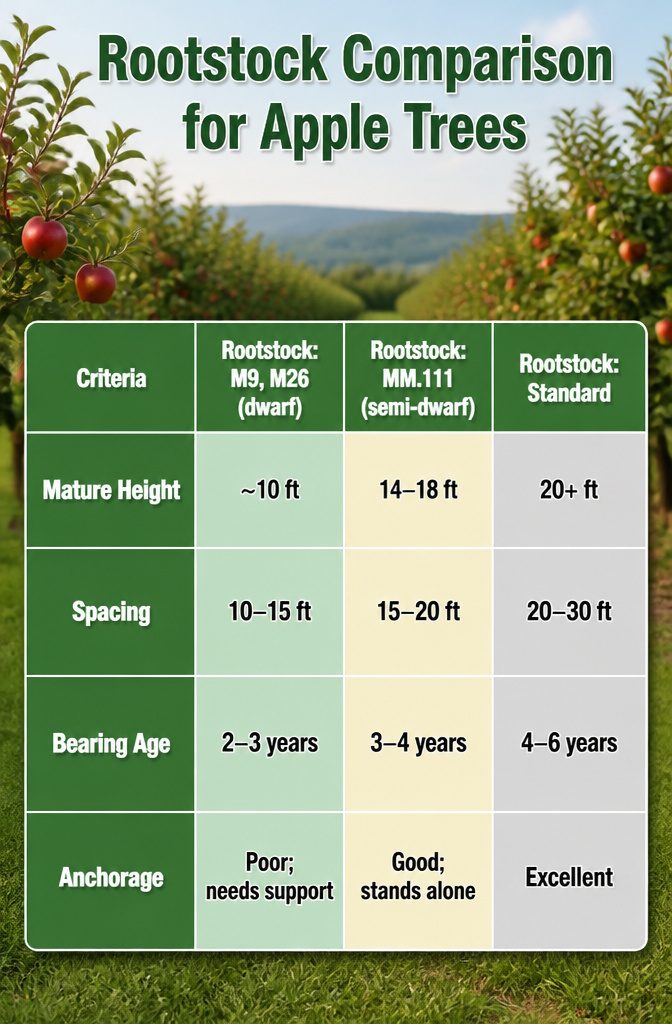 Chart comparing different apple rootstocks and their characteristics.