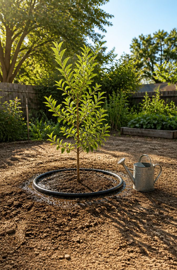 Watering young apple trees with buckets to promote deep root growth.