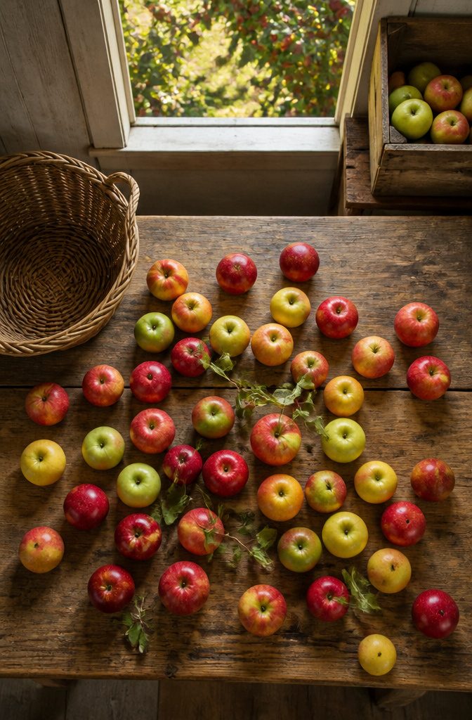 Ripe apples on a tree with a range of colors.
