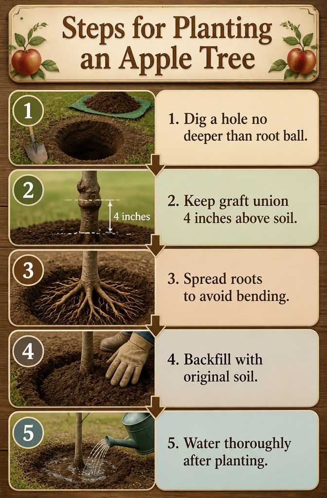 Diagram illustrating the proper way to plant an apple tree.