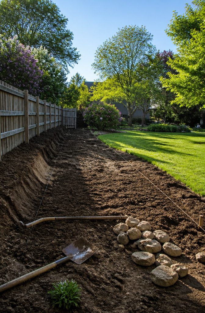 Open area with soil prepared for planting apple trees.