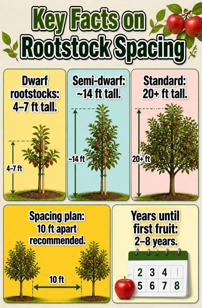 Chart detailing spacing needs for different apple rootstocks.
