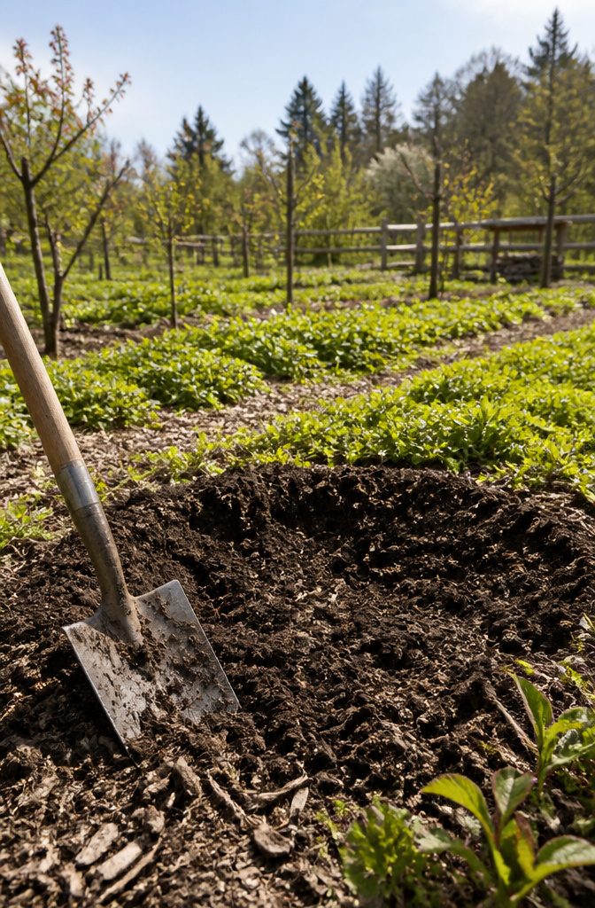 Freshly filled planting hole with dark compost and a shovel.