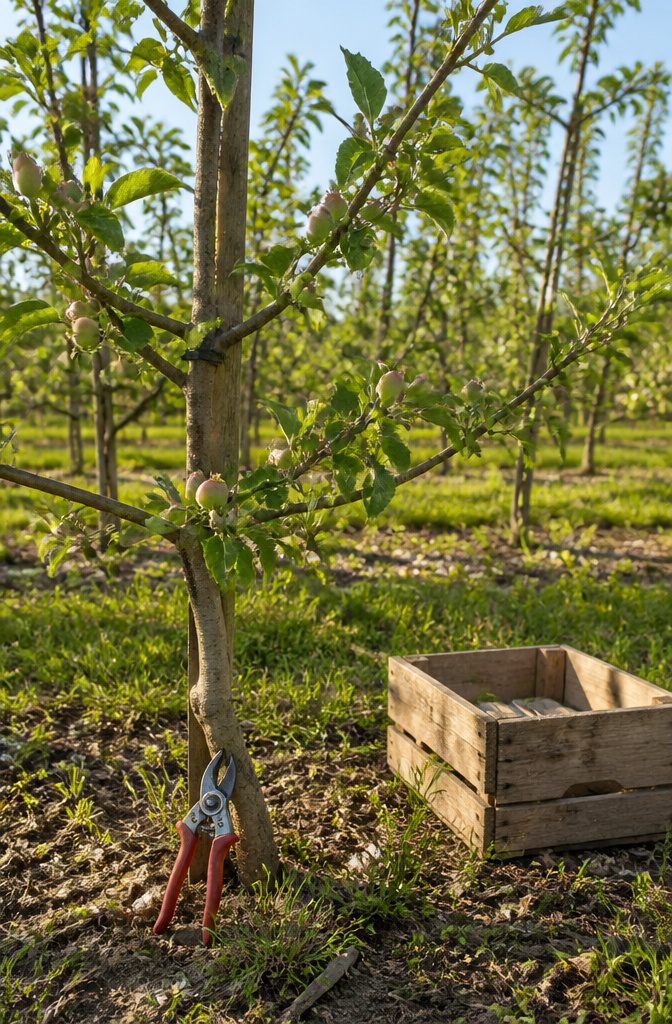 Clusters of small apples on a young tree ready for thinning.