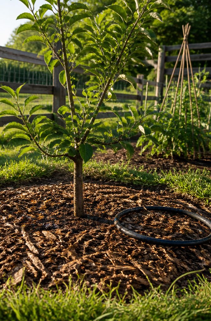 Close-up of a mulched apple tree base with a hose nearby.