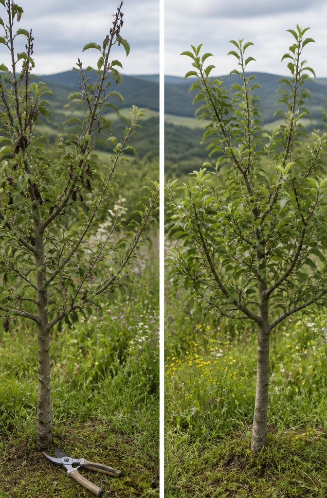 Close-up of a branch with signs of fire blight on an apple tree.