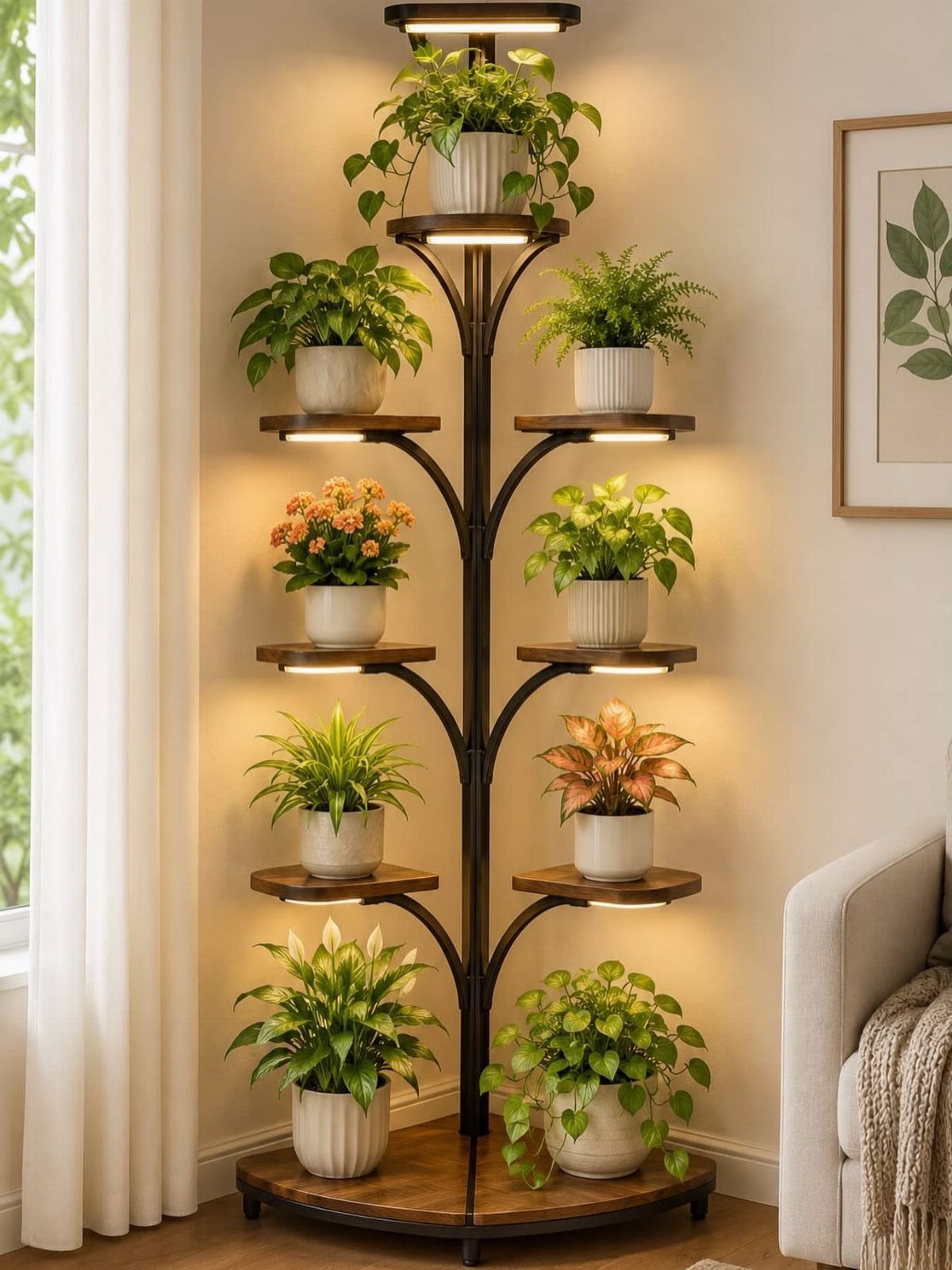 Light for House Plants: 7 Setups from Shelf Tubes to Tripod LEDs 6 Black metal plant stand with wooden shelves and integrated grow lights for house plants