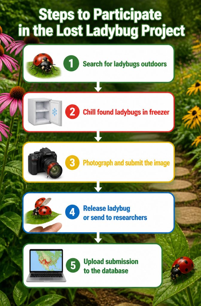 Information image detailing steps for the Lost Ladybug Project participation.