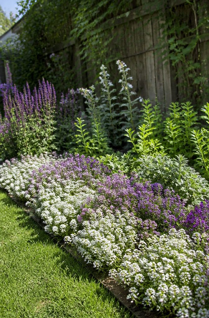 Alyssum flowers in white and lavender along a garden edge.