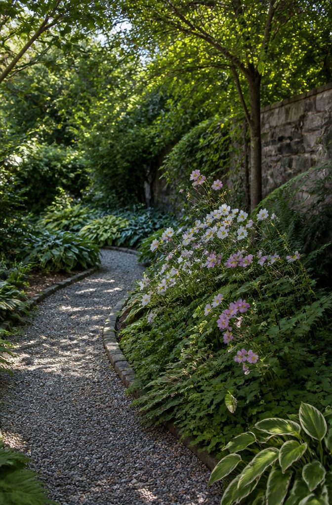 Japanese anemone flowers in white and pink in a garden.