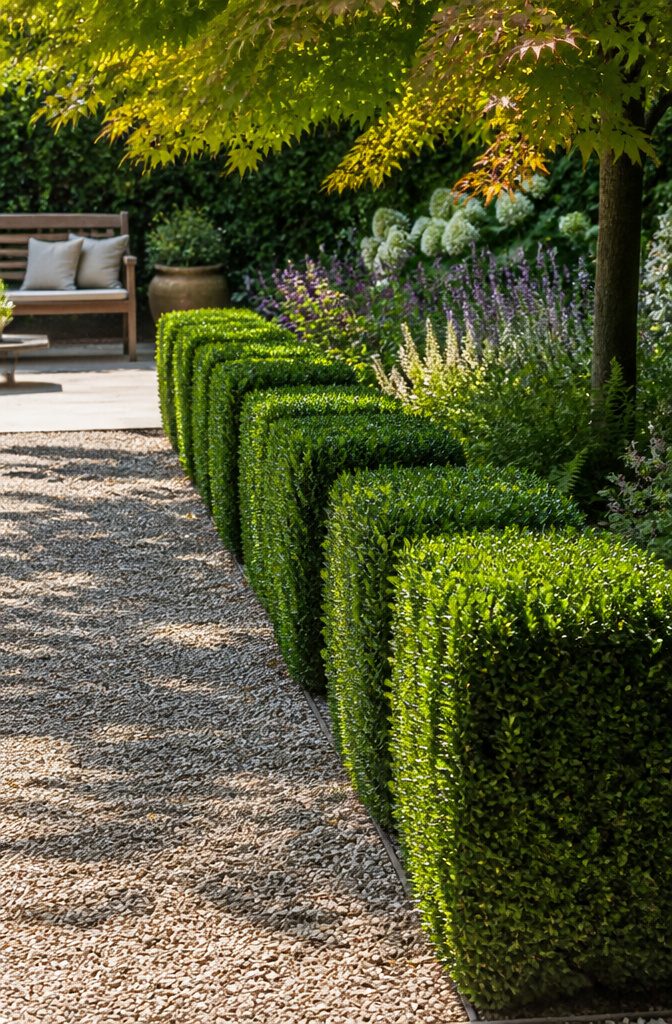 Boxwood hedge along a gravel path leading to a patio.
