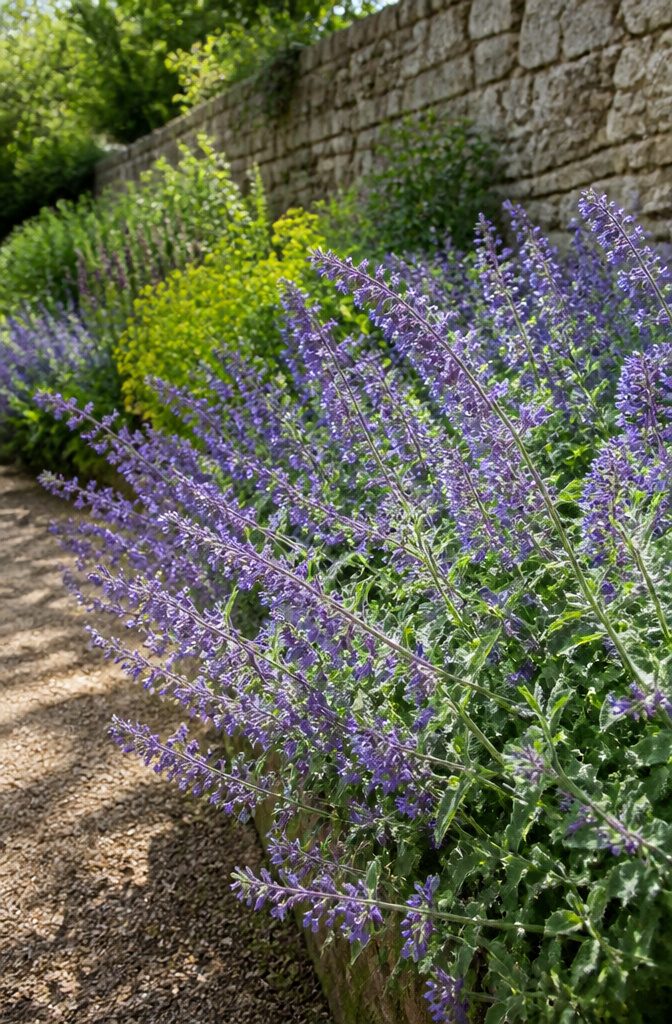 Catmint plants with lavender-blue flowers in a garden.