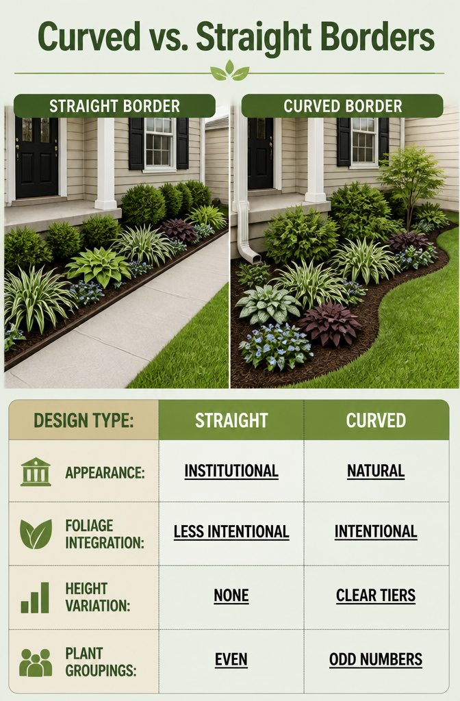 Illustration of curved versus straight garden borders.