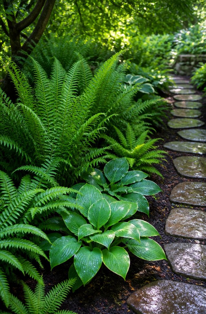 Various ferns growing in a lush, shaded area.