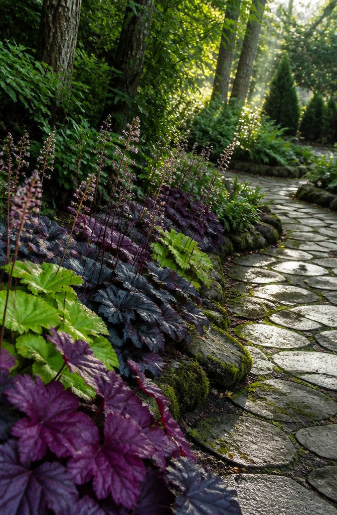 Heuchera plants with colorful leaves in a garden.