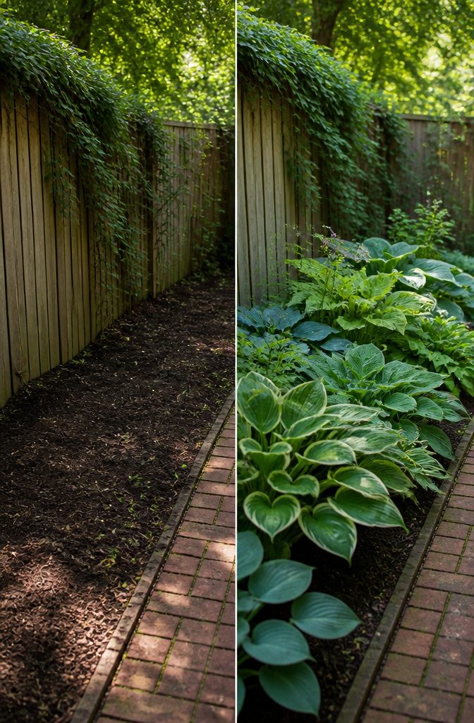 Hosta plants with broad leaves in a shaded garden.