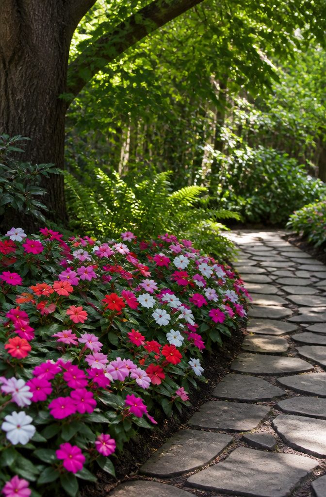 Vibrant impatiens flowers in various colors filling a shaded area.