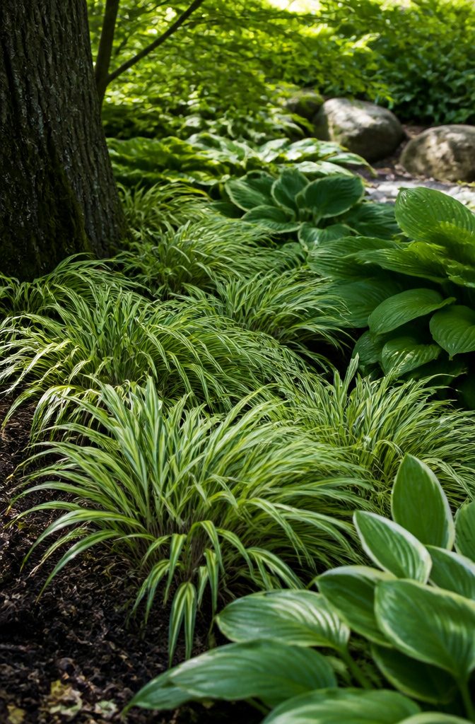 Japanese sedge with creamy yellow stripes in a shaded garden.