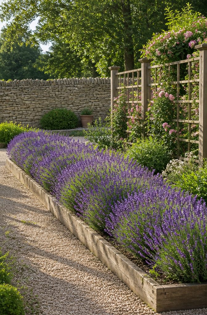 Lavender plants blooming in a sunny garden border.