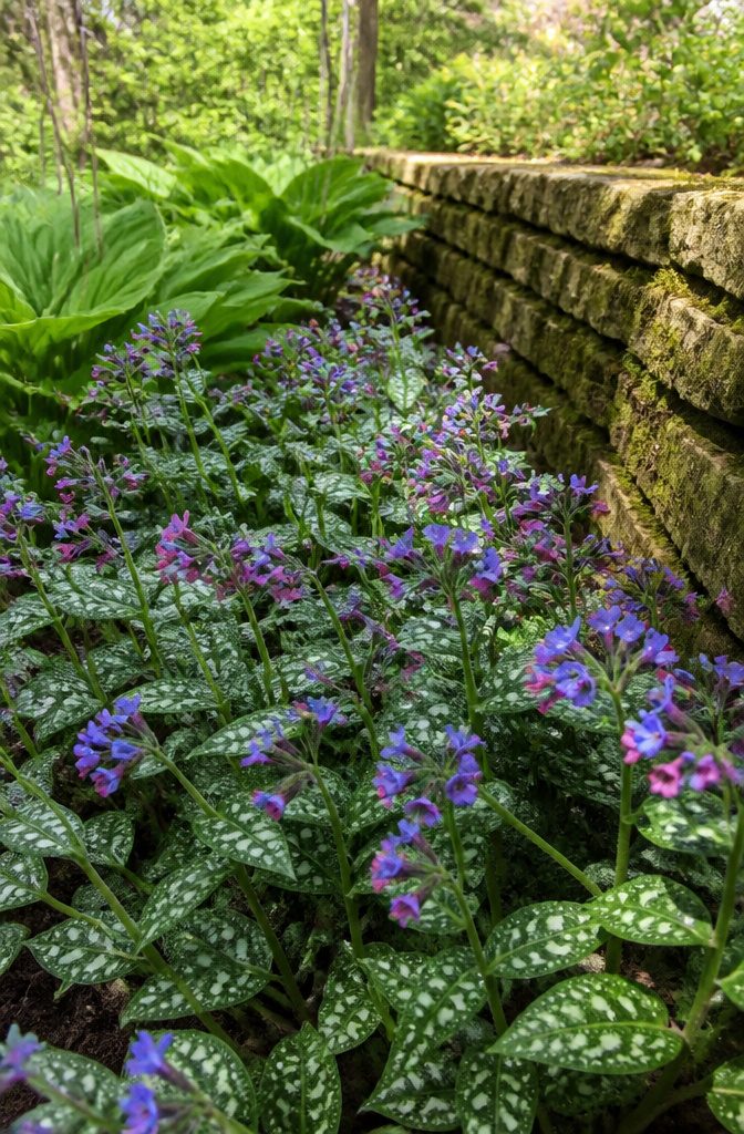 Lungwort plants with spotted leaves and flowers in a garden.