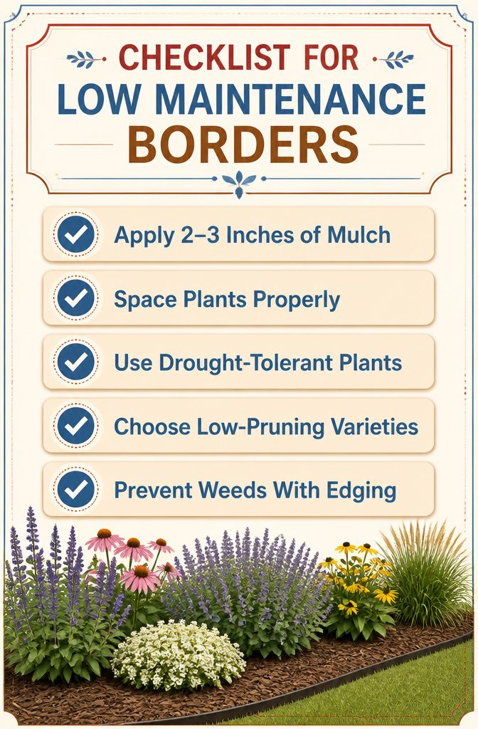 Checklist for maintaining low maintenance garden borders.