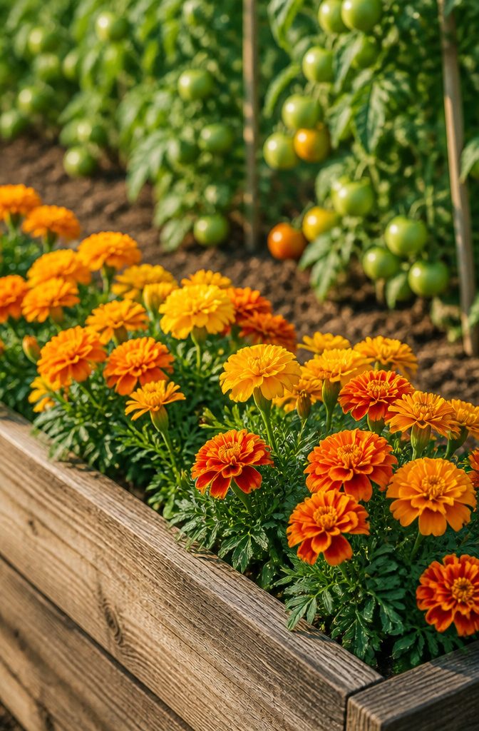 Marigold flowers in a garden border beside vegetables.