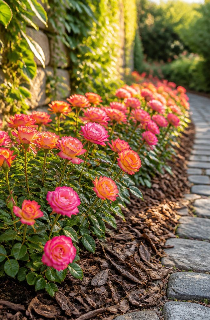 Colorful miniature roses in a garden border.