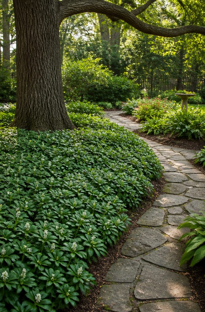 Pachysandra groundcover with white flowers in a shaded area.