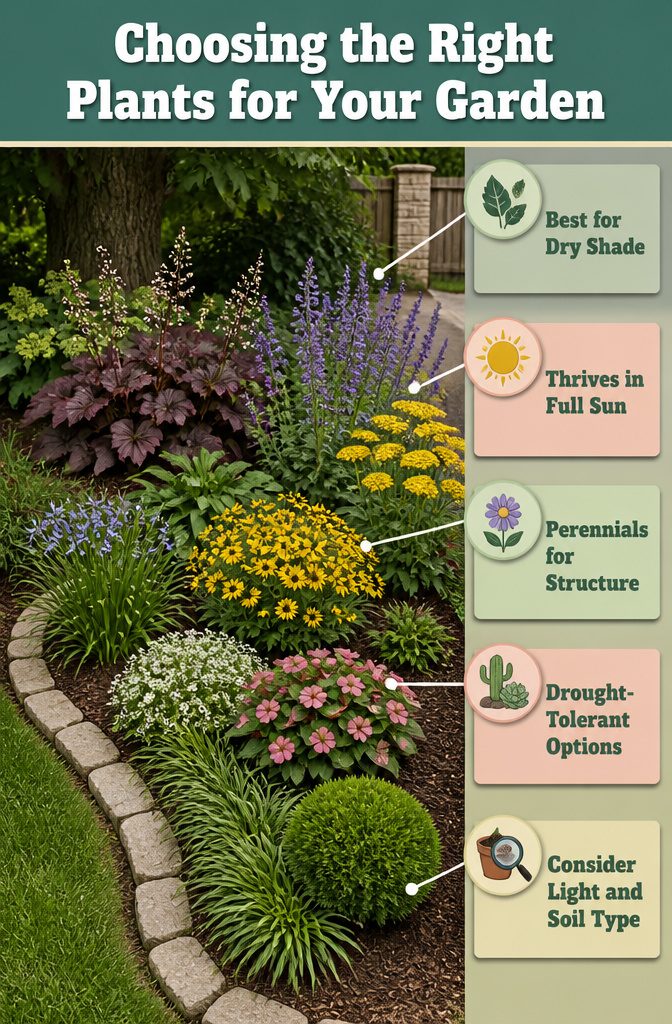 A selection of plants suited for various garden conditions.