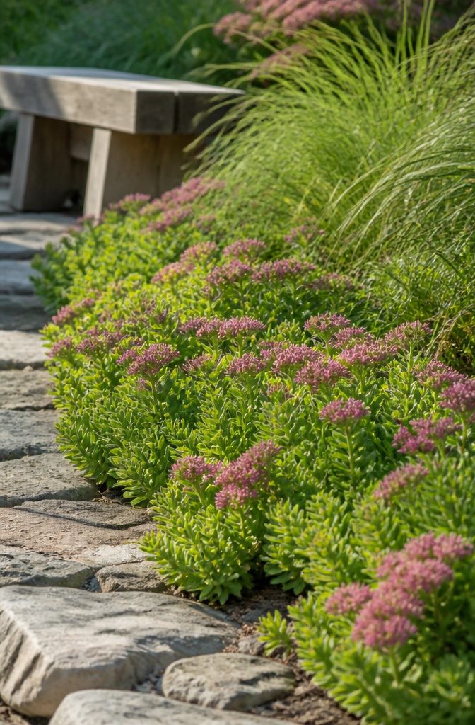 Sedum plants creating a ground cover in a sunny area.