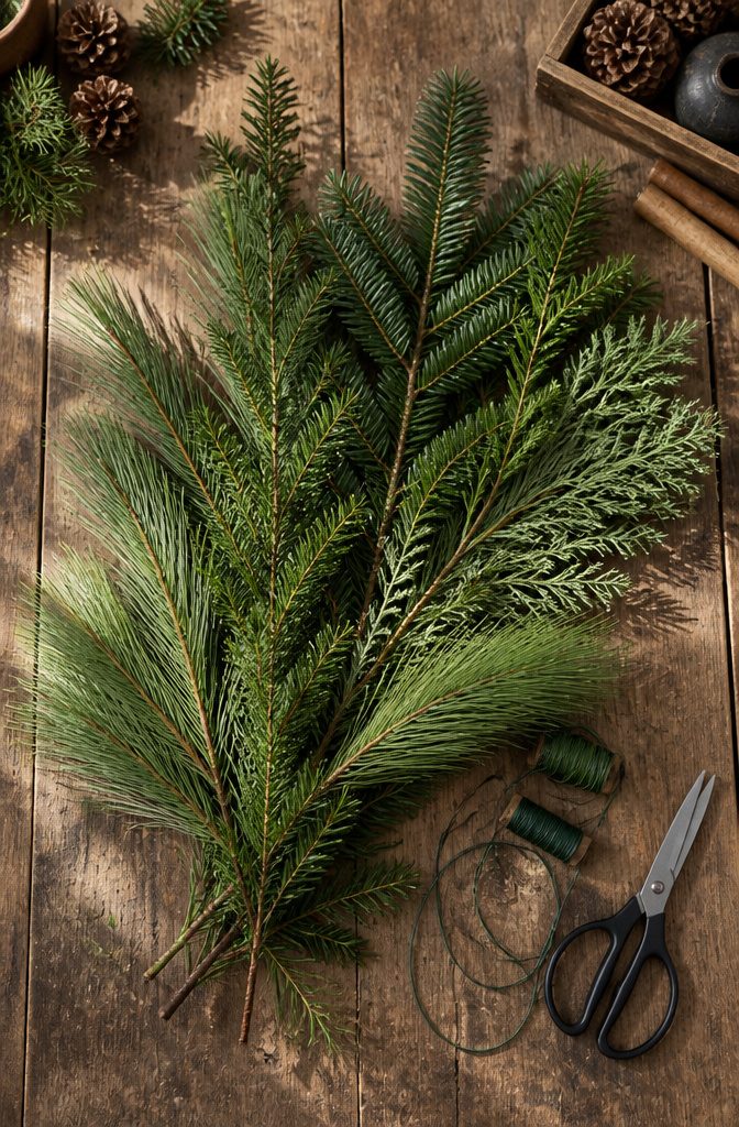 Make a Holiday Swag in Five Easy Steps: A 2026 Guide 1 Different types of evergreen branches and floral wire for crafting.