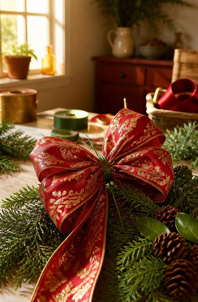 Make a Holiday Swag in Five Easy Steps: A 2026 Guide 4 A red and gold bow secured with floral wire on greenery.