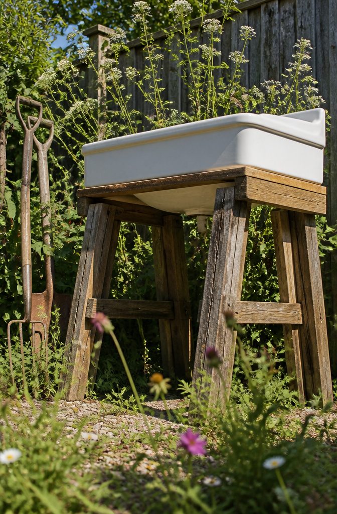 How to Make an Old Washbasin Raised Bed: 7 Steps 4 A washbasin raised on sawhorse legs and a wooden platform.