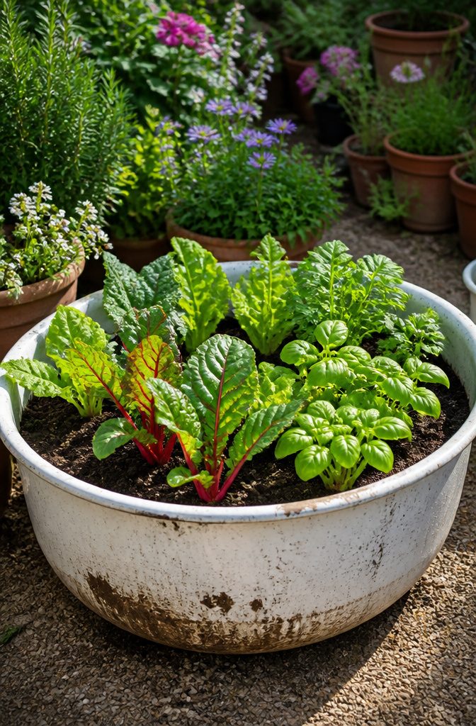 How to Make an Old Washbasin Raised Bed: 7 Steps 6 Fresh lettuce and Swiss chard growing in an old washbasin.