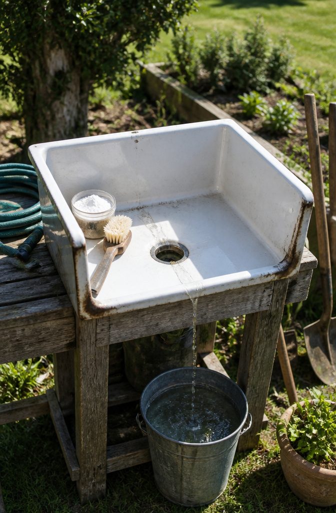 How to Make an Old Washbasin Raised Bed: 7 Steps 2 A Belfast sink on a wooden table with cleaning supplies nearby.