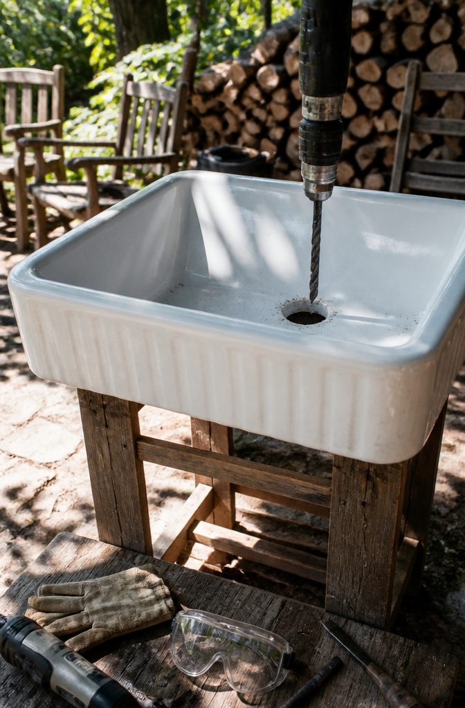 How to Make an Old Washbasin Raised Bed: 7 Steps 3 A drill bit positioned over a Belfast sink to make holes.