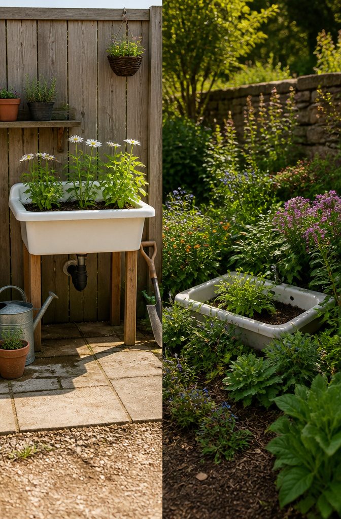 How to Make an Old Washbasin Raised Bed: 7 Steps 9 An old washbasin positioned flat on the ground.