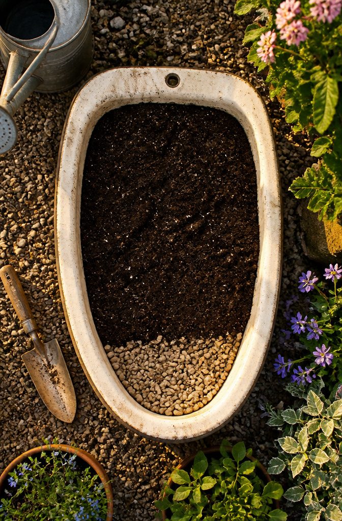 How to Make an Old Washbasin Raised Bed: 7 Steps 5 Gravel and soil layered inside an old washbasin.