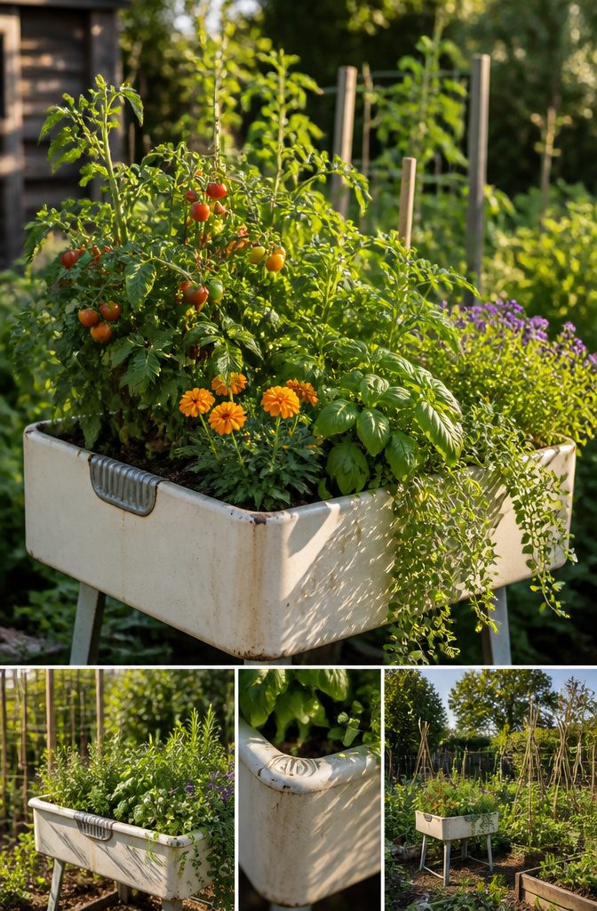 How to Make an Old Washbasin Raised Bed: 7 Steps 8 Vegetables growing in an old washbasin raised garden bed.