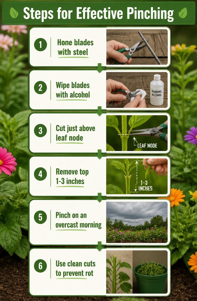 Pinching Annuals: How, When and Which Plants to Pinch 4 Gardening snips and a honing steel on a garden table.