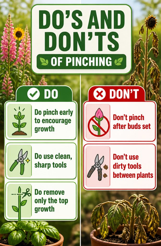 Pinching Annuals: How, When and Which Plants to Pinch 10 A graphic showing do's and don'ts of pinching annuals.