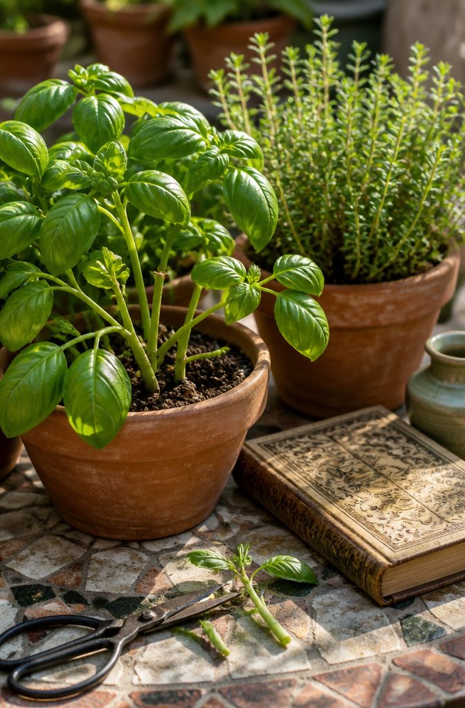 Pinching Annuals: How, When and Which Plants to Pinch 9 Potted basil and thyme plants on a sunlit patio table.