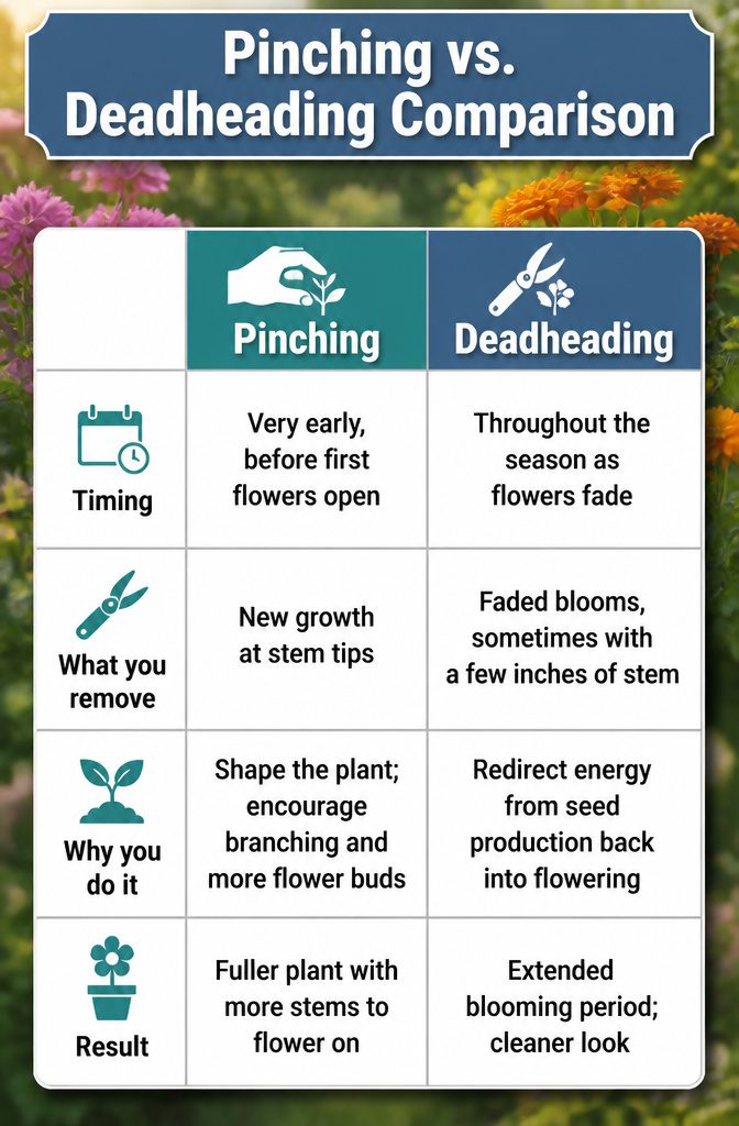 Pinching Annuals: How, When and Which Plants to Pinch 8 Comparison chart of pinching versus deadheading annual plants.